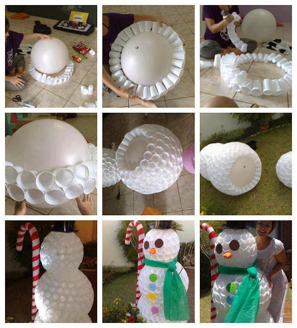 boneco de neve com copos descartáveis